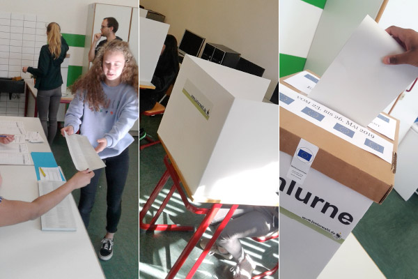 Foto: Wie bei der richtigen Europawahl: Aushändigen der Wahlzettel, Wahl in der Wahlkabine, Einwurf des Stimmzettels.